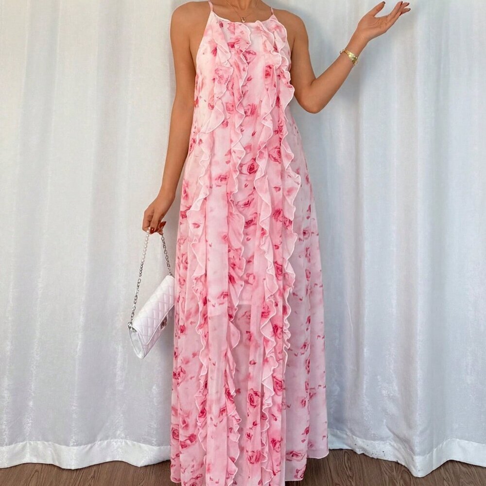 Pink Women's Elegant Ruffle Strap Floral Print Long Flowy Maxi Dress - Picture 3 of 7